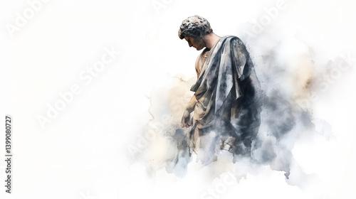 Fall of the Roman Empire depicted in fading toga statue with watercolor ash effect
