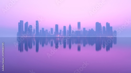 Obraz na płótnie Misty city skyline reflected in tranquil water at dawn w salonie