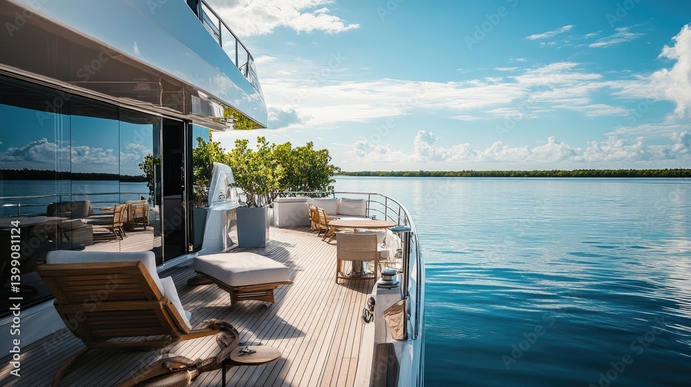 Fototapeta premium Luxury Yacht Deck, Tranquil Waterscape: Summertime Relaxation