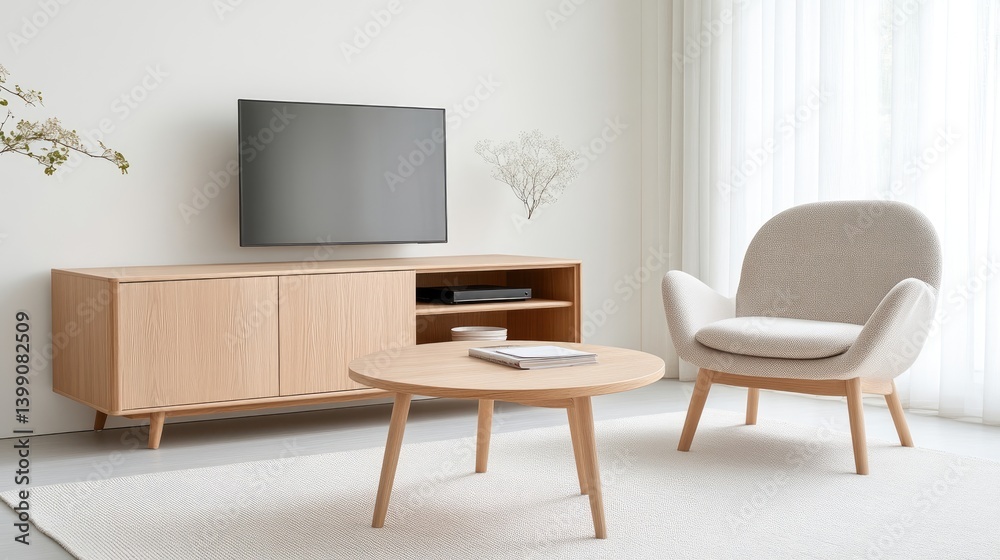Modern minimalist living room design with light oak furniture. A flat-screen TV sits above a low cabinet. A round coffee table and comfortable armchair complete the space