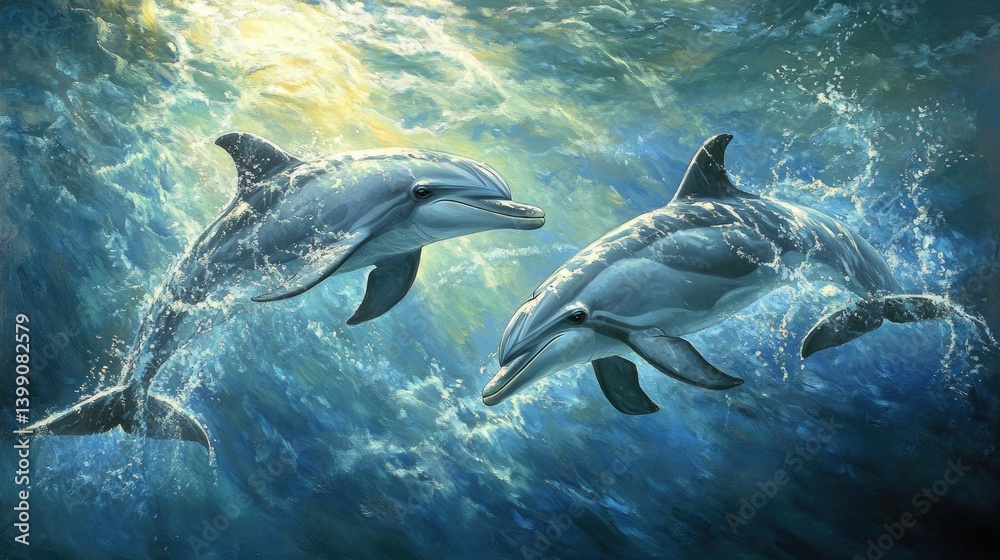 Fototapeta premium Oceanic Dance: Two Dolphins Gracefully Playing in Sunlit Waters