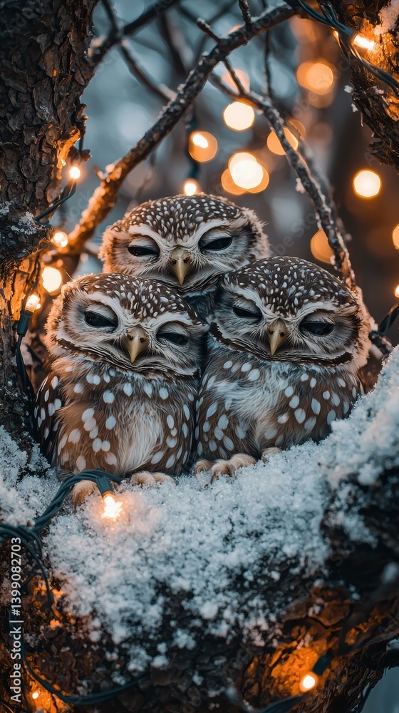 Two owls snuggling on a snowy branch. AI.