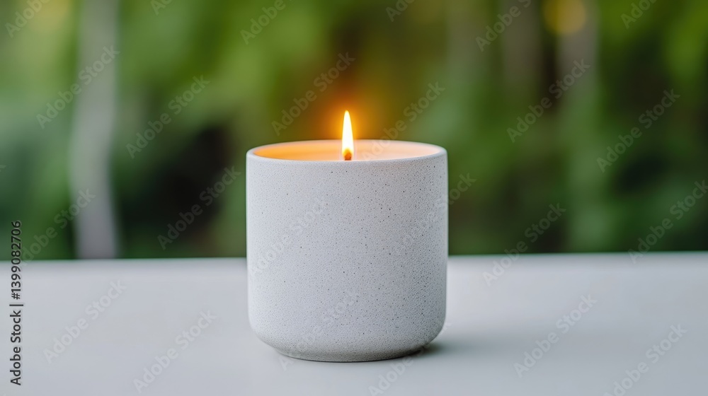 A single, lit candle on a table. Soft light and warm glow