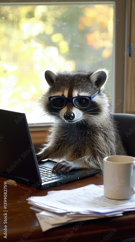 Raccoon working on a laptop. AI.