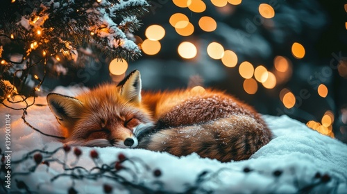 A fox sleeps soundly in the snow under twinkling lights. AI.