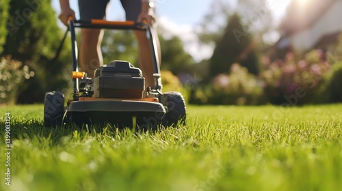 A landscaper mowing a well-kept lawn with a push mower. Featuring focus and care