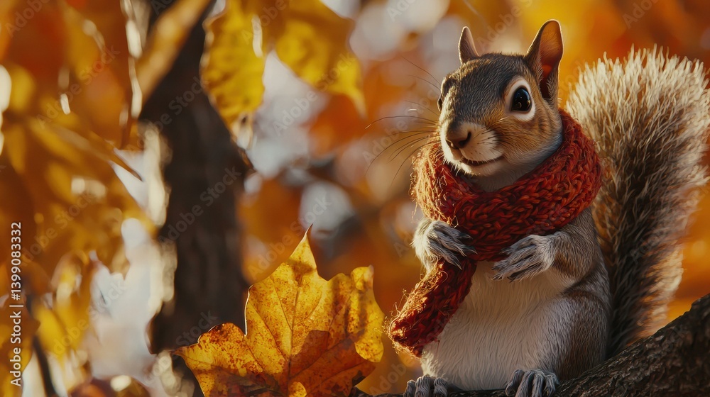 A cute squirrel wearing a red scarf in autumn. AI.