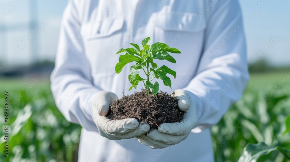 Scientist holds young plant