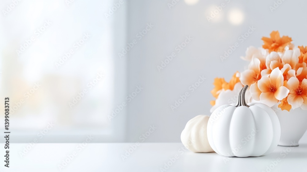 Autumnal decor, featuring soft white pumpkins and vibrant orange blossoms. A serene autumnal still life, with delicate florals and pumpkins arranged on a white surface