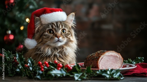 Festive cat in a Santa hat eyeing a holiday roast. AI.