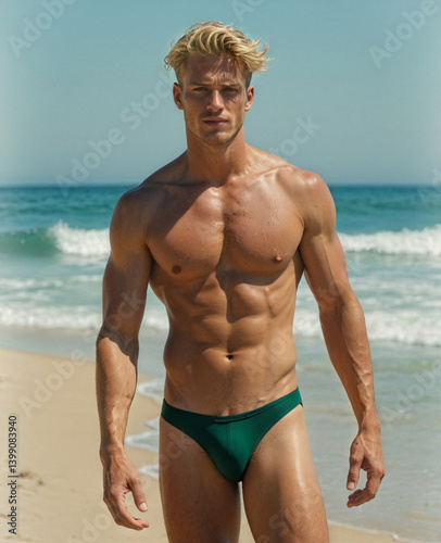 Muscular blonde male model in green tight brief speedo swimsuit on tropical beach with waves in background