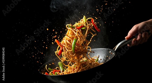 Action shot of noodles being tossed in a pan with sauce and vegetables, steam and splashes captured mid-air