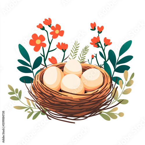 Illustration of a bird's nest filled with eggs, surrounded by colorful flowers and green leaves, creating a spring-themed composition.
