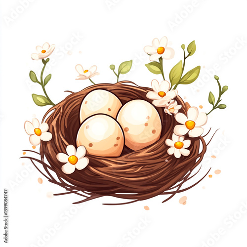 A charming bird's nest holding eggs, adorned with delicate flowers, evokes a sense of springtime serenity and natural beauty.