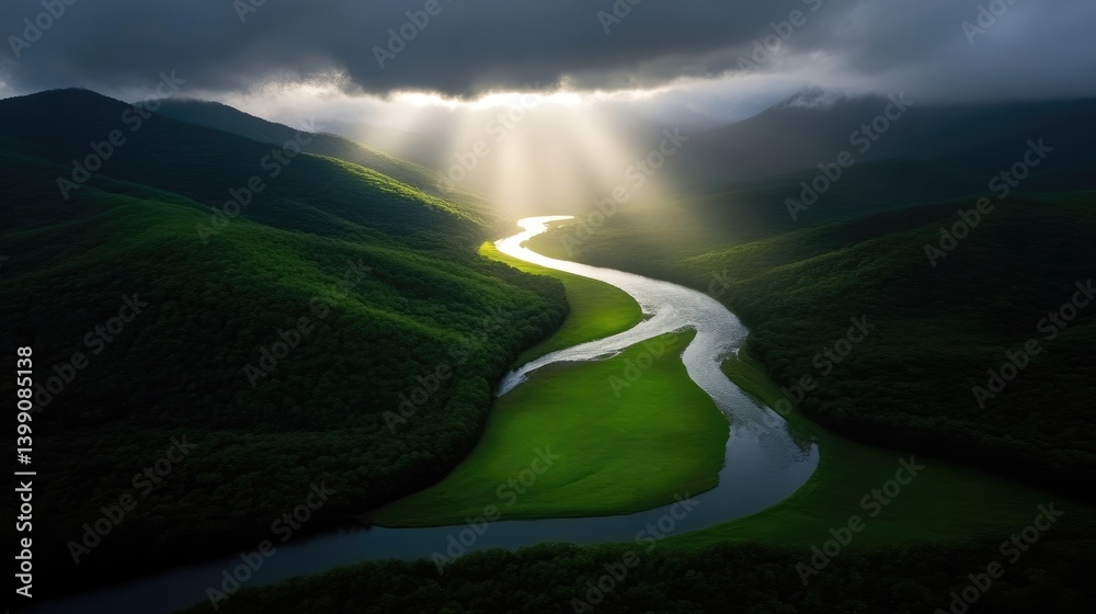 Serene mountain river winding through lush valley, bathed in golden sunlight