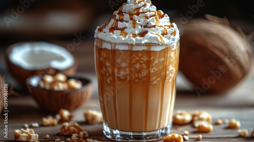 Indulge in this Creamy Caramel Coconut Frapp?, a delightful blend of coffee, coconut, and caramel, topped with whipped cream. Perfect for a sweet treat!