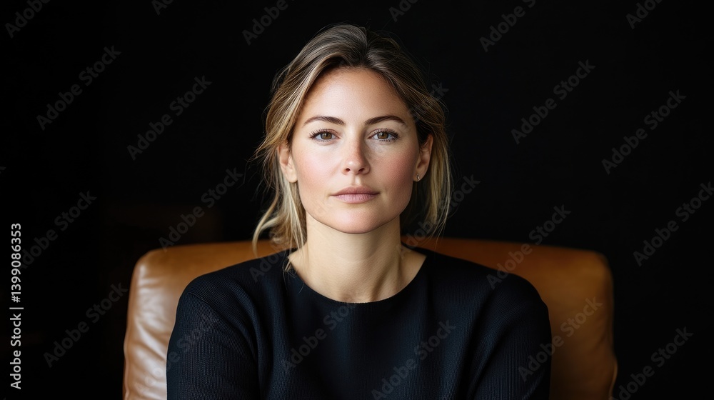 Confident woman in a dark top, seated