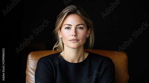 Confident woman in a dark top, seated