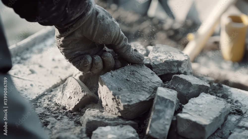 Fototapeta premium A mason laying stones for a garden wall. Featuring craftsmanship and attention to detail