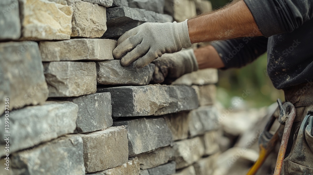 A mason stacking stones for a garden wall. Featuring expertise and craftsmanship A mason stacking stones for a garden wall. Featuring expertise and craftsmanship