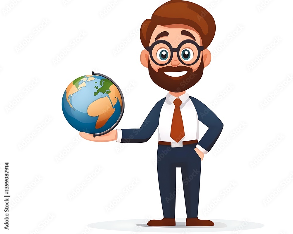 Cheerful businessman in suit holding globe illustration with vibrant colors and friendly expression Cheerful businessman in suit holding globe illustration with vibrant colors and friendly expression
