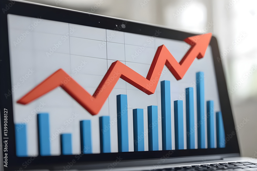 Bullish market trend with increasing red arrow and blue candlesticks for finance, crypto, and economic progress visuals Bullish market trend with increasing red arrow and blue candlesticks for finance, crypto, and economic progress visuals