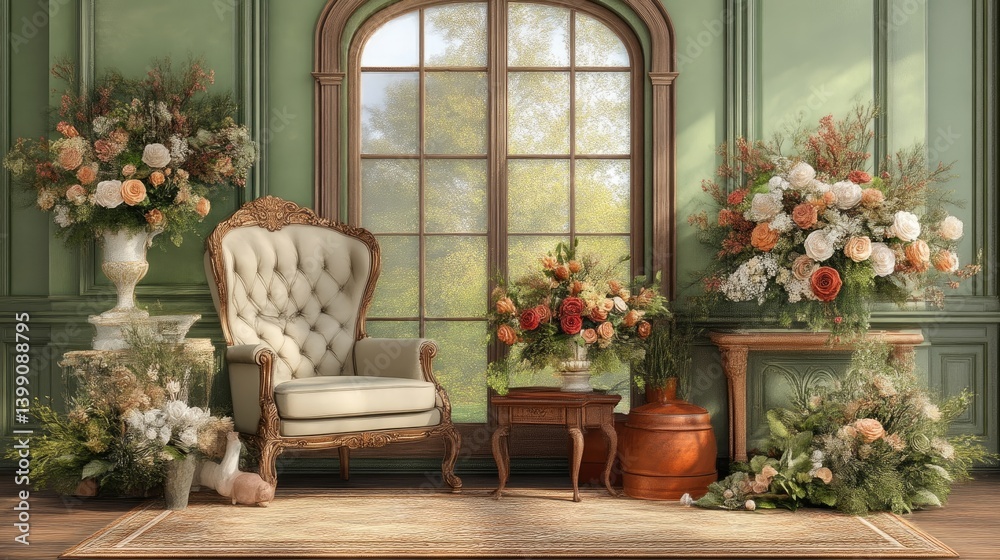 Elegant room with floral arrangements, antique furniture, and a large window