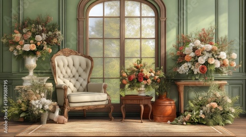 Obraz na płótnie Elegant room with floral arrangements, antique furniture, and a large window w salonie