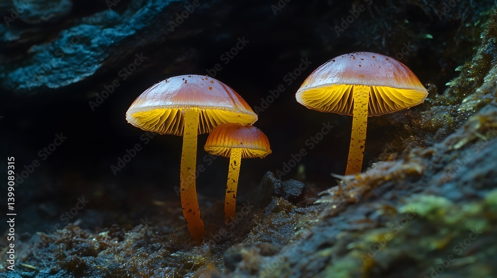 Fototapeta premium Glowing Mushrooms in Dark Forest Nature