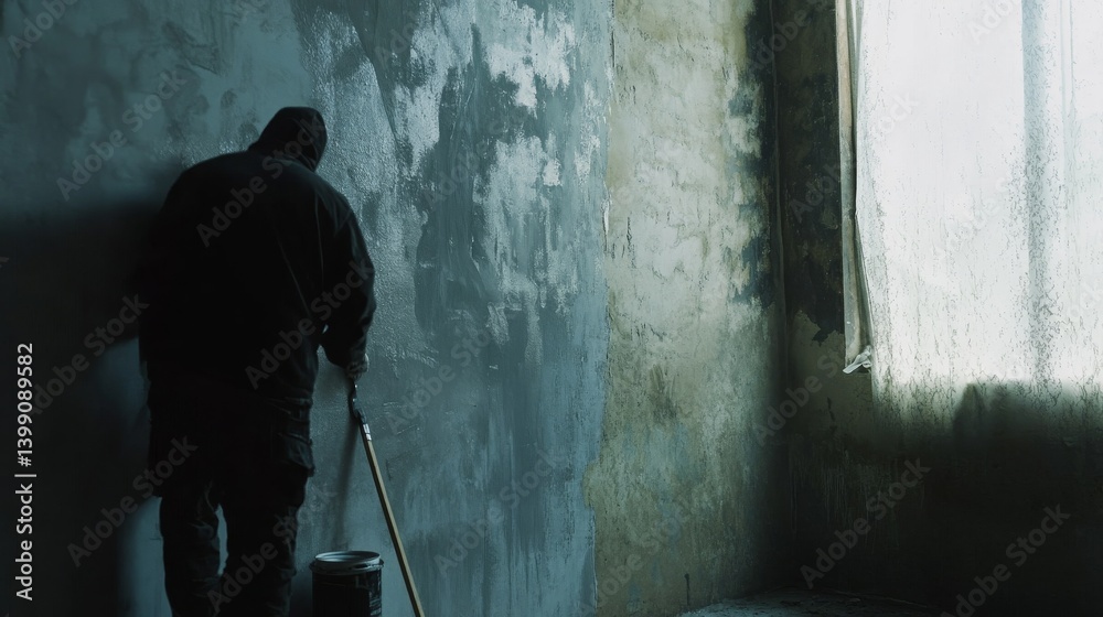 A painter preparing a wall for painting in a living room. Featuring preparation and detail A painter preparing a wall for painting in a living room. Featuring preparation and detail