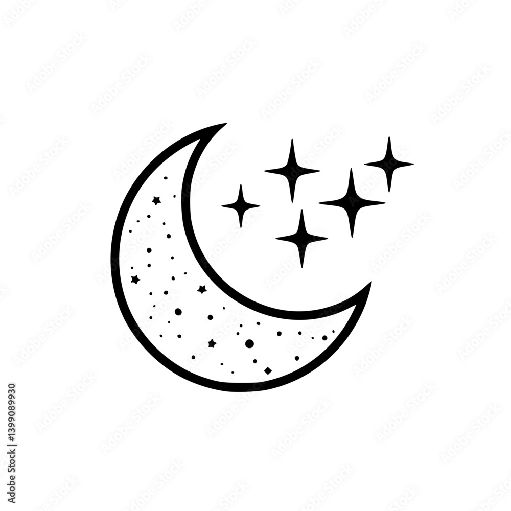 Crescent Moon and Stars: Minimalist Black and White Design Crescent Moon and Stars: Minimalist Black and White Design