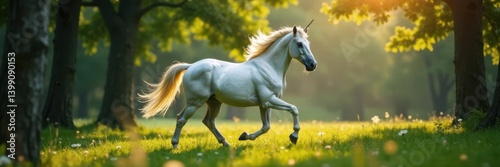 Majestic unicorn mare running freely in a forest, forest, horse