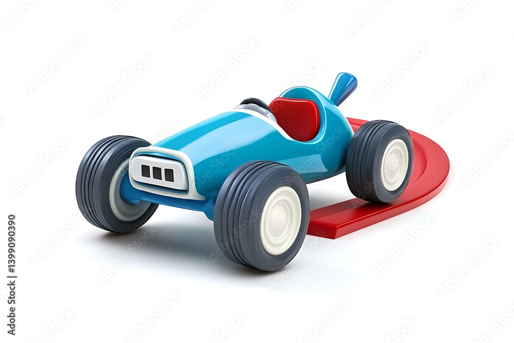 Colorful toy race car on curved track, fun design for children’s play and learning activities Colorful toy race car on curved track, fun design for children’s play and learning activities
