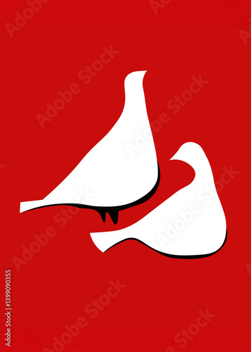 Photography silhouette of two white doves on red background, minimalist art
