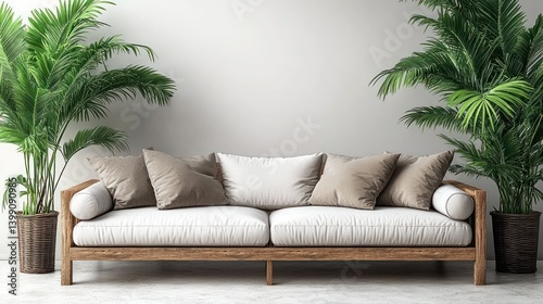 Modern  minimalist living room with a light-colored couch and large potted plants