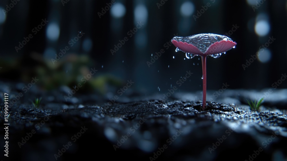 Tiny pink sprout emerges from dark earth, rain droplets