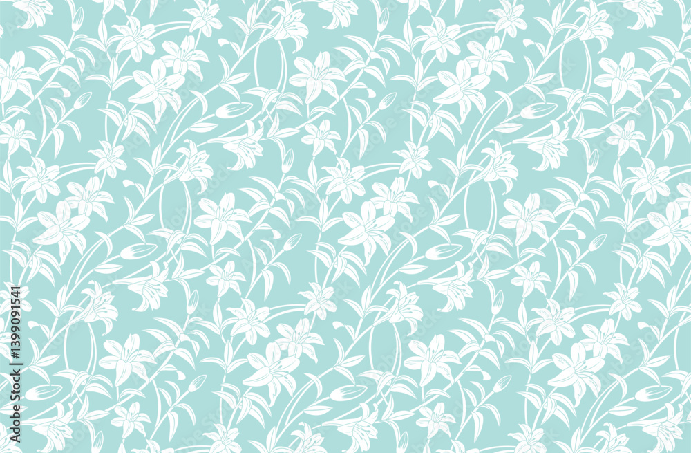 Fototapeta premium Floral Pattern, White Lily, Casablanca Motifs, Light green