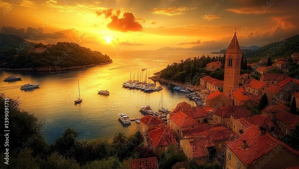 Fototapeta premium Golden Sunset over Coastal Town