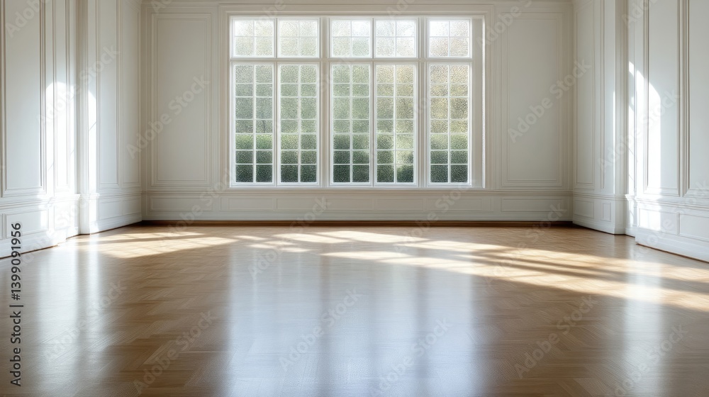 Empty sunlit room with large windows
