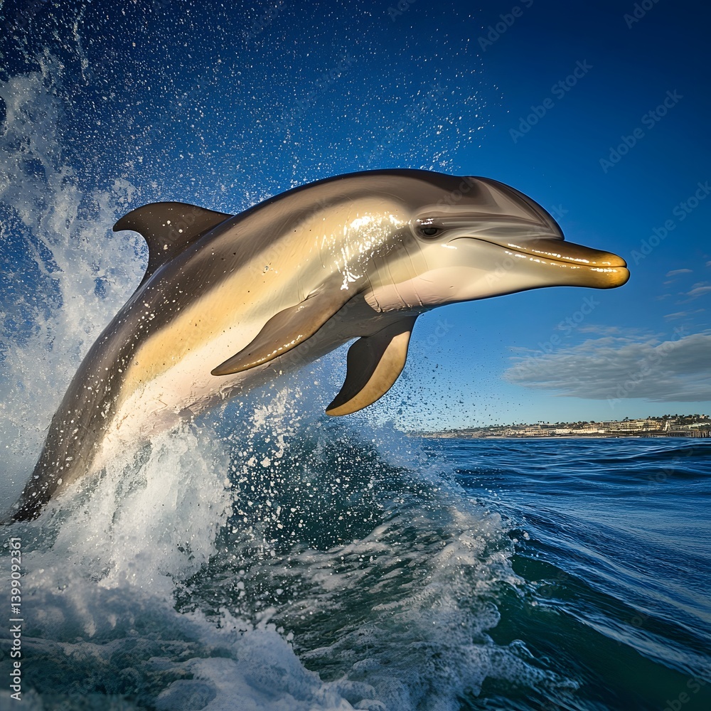 Fototapeta premium Dolphin Leaping Ocean Wave Splash Wildlife Nature
