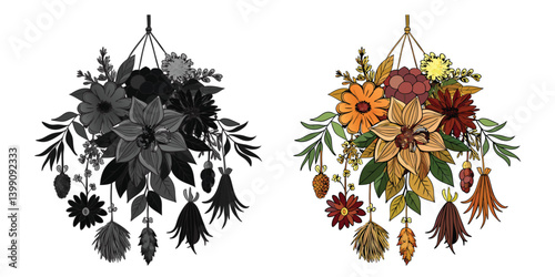 Dried Flower Wall Hanging Vector illustration of an abstract floral design with vintage flower and leaf elements