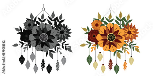 Dried Flower Wall Hanging Vector illustration of an abstract floral design with vintage flower and leaf elements