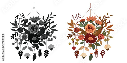 Dried Flower Wall Hanging Vector illustration of an abstract floral design with vintage flower and leaf elements