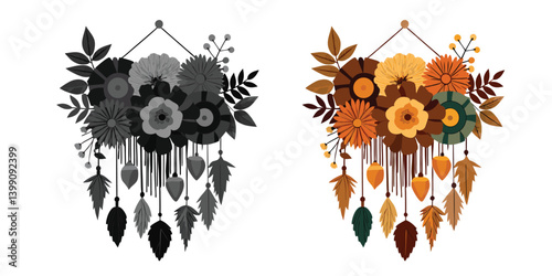 Dried Flower Wall Hanging Vector illustration of an abstract floral design with vintage flower and leaf elements