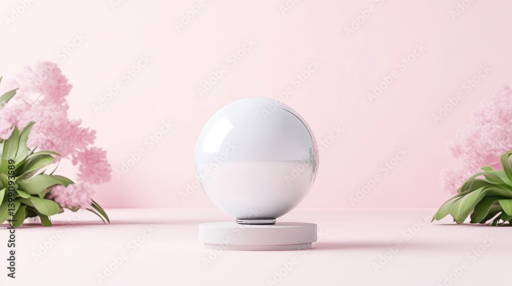A modern white spherical lamp on a minimalist stand in a soft pink room, surrounded by delicate green foliage and pastel flowers, and serene indoor setting.