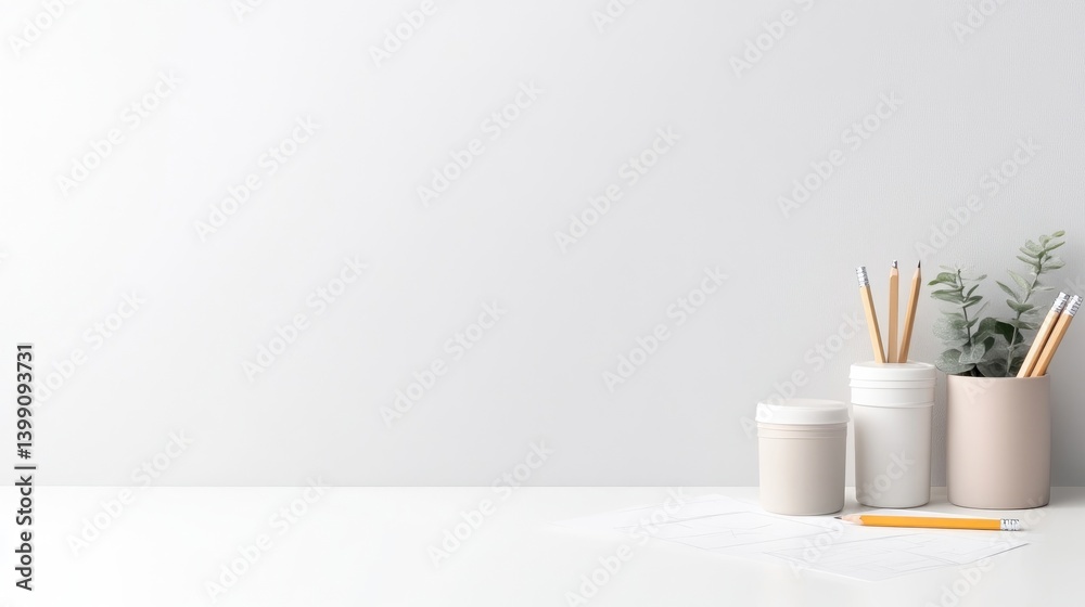 Minimalist Desk Setup Pencils Plants Neutral Aesthetic High-Resolution Wide Shot Simple Design Organized Workspace White Background Soft Neutral Tones Website Mockup