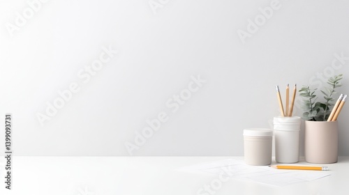 Obraz na płótnie Minimalist Desk Setup Pencils Plants Neutral Aesthetic High-Resolution Wide Shot Simple Design Organized Workspace White Background Soft Neutral Tones Website Mockup w salonie