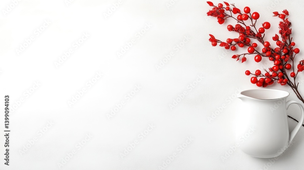 White pitcher and red berries on a white background