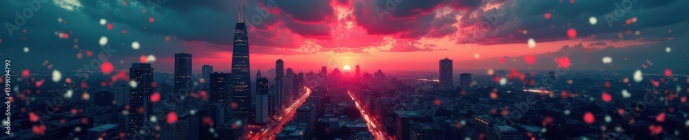 Fototapeta premium Moody cityscape at dusk with abstract ink splatters and grungy textures, ink splatter effect, modern cityscape