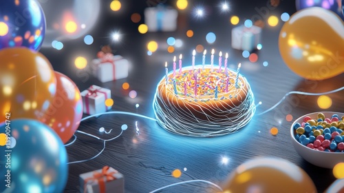 Birthday celebration cake with colorful decorations and gifts festive atmosphere tabletop view joyful event for all ages photo